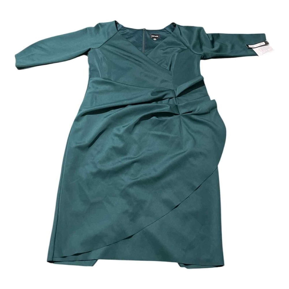 XSCAPE Dress Womens 22W Teal Ruched Faux Wrap V Neck‎ 3/4 Sleeve Made in USA